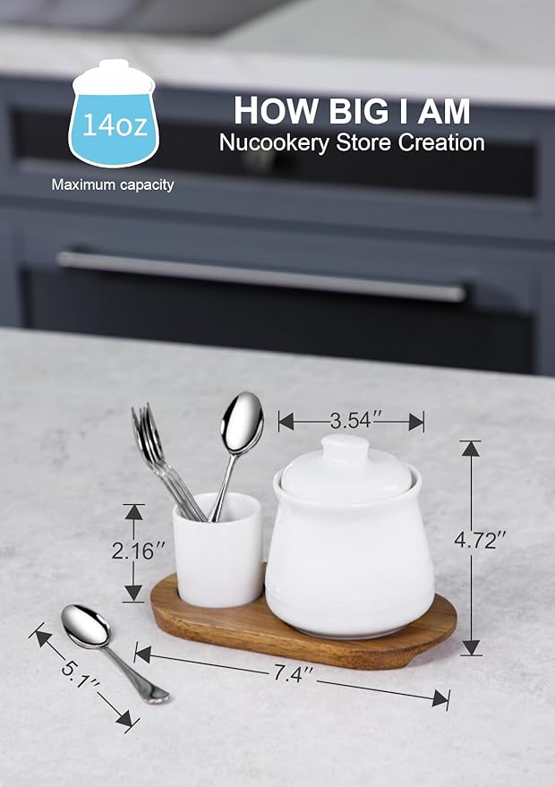 Nucookery Porcelain Sugar Bowl with Lid and Spoons, 14 oz. Large Sugar Container for Coffee Bar, Elegant Sugar Bowl Set with Stainless Steel Spoons (White, Silver Spoon)