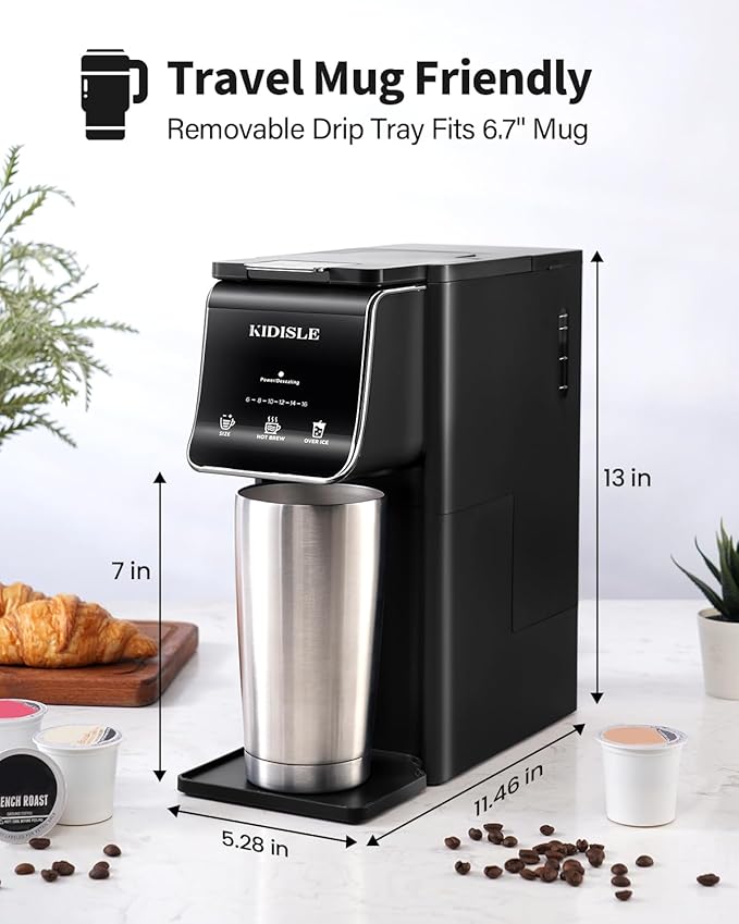 KIDISLE Single Serve Coffee Maker – Hot & Iced, K Cup & Ground Compatible, Reusable Pod Filter, 6–16oz Brew Sizes, 40oz Water Tank, Easy-to-Use, Black