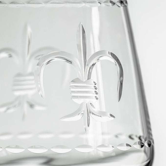 Rolf Glass Fleur De Lis Stemless Wine Tumbler 18 ounce - Stemless Wine Glasses - Lead-Free Glass - Etched Tumbler Glasses - Proudly Made in the USA (Set of 4)