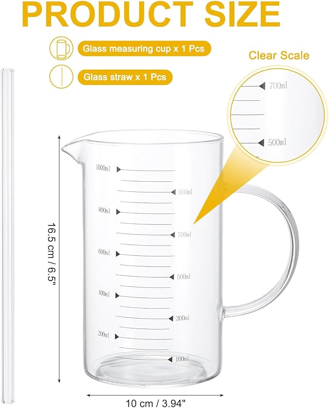 PATIKIL 1000ml Glass Measuring Cup, Borosilicate Glass Beaker Graduated Liquid Measure Cups with Straw V-Shaped Spout for Kitchen Drinking Restaurant, Black Printed Scale