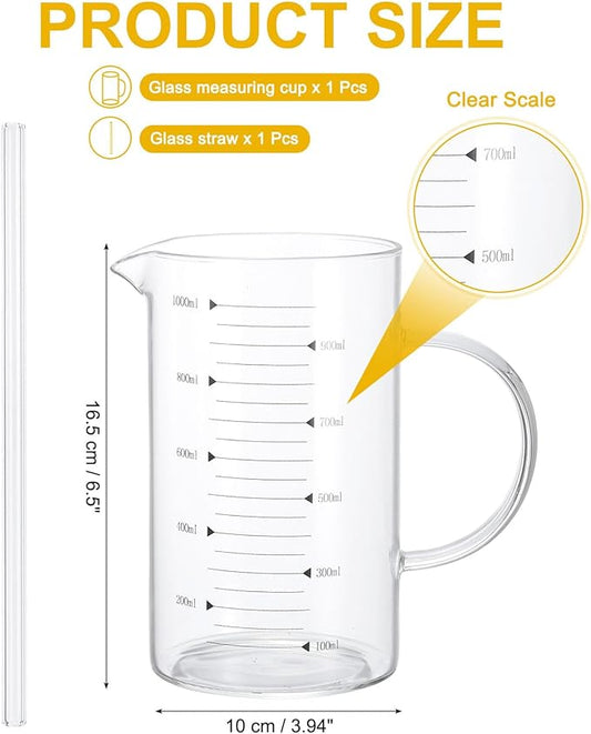PATIKIL 1000ml Glass Measuring Cup, Borosilicate Glass Beaker Graduated Liquid Measure Cups with Straw V-Shaped Spout for Kitchen Drinking Restaurant, Black Printed Scale