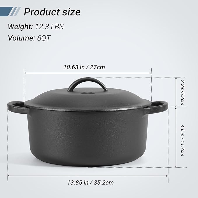 Northriver Casting 6 QT Basics Cast Iron Dutch Oven Pot with Lid and Dual Handles, Oven Safe up to 500°F Large Cooking Pan,Bread Oven