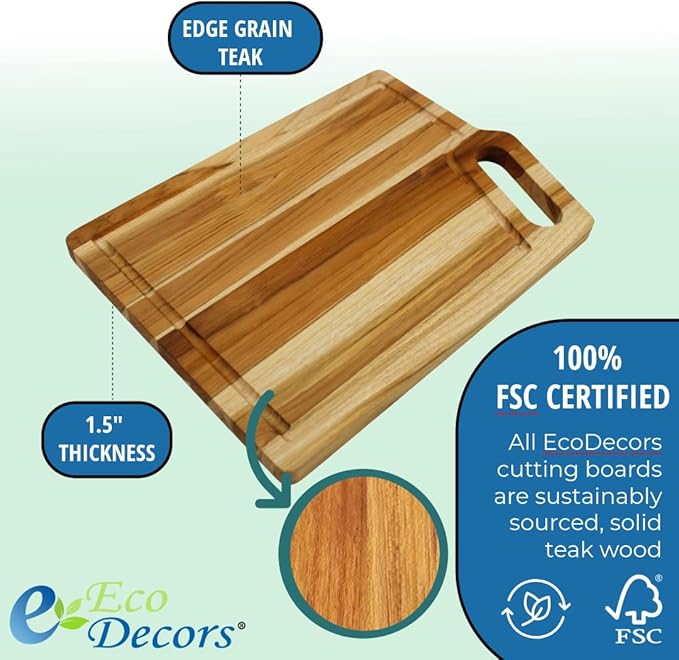 EcoDecors 3 Piece Teak Wood Cutting Board Set, FSC Certified Edge Grain Wood with Juice Groove and Handle, Serving Boards for Chopping and Carving