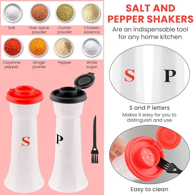 Salt and Pepper Shaker Set, Plastic Salt and Pepper Shaker Set with Lids,Airtight Spice Jar Dispenser for Restaurant Cleaning Brush Camping Home Kitchen Picnic (COLOR:Black+Red)