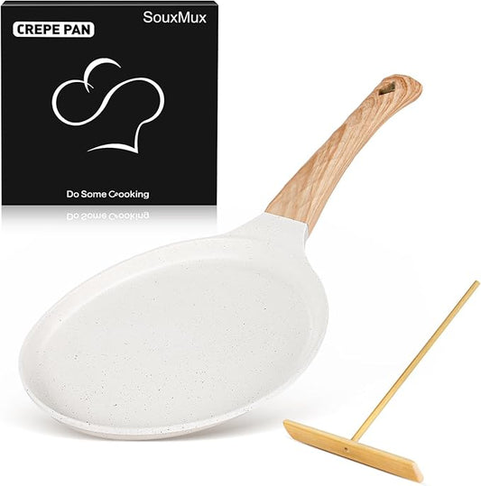 SouxMux Nonstick 8-Inch Crepe Pan with Spreader, Ceramic Coated Dosa Tawa Pan, Induction Compatible Flat Skillet for Pancakes, Omelettes, and More with Cool Handle, PFOA Free