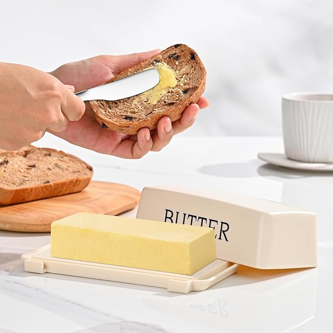 Butter Holder With Lid And Knife,Food Grade Plastic Butter Dish For Countertop,Large Butter Storage Container With Cover,White