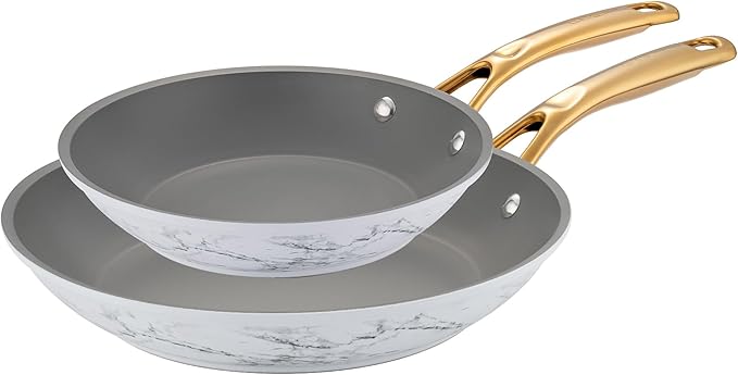 ONGIFT Frying Pan Nonstick Set 2 Piece, 8＆10 Inch Skillet Easy to Clean, Kitchen Fry Pan without PTFE & PFOA, Compatible with All Stovetops, Lightweight and Durable, Marble White