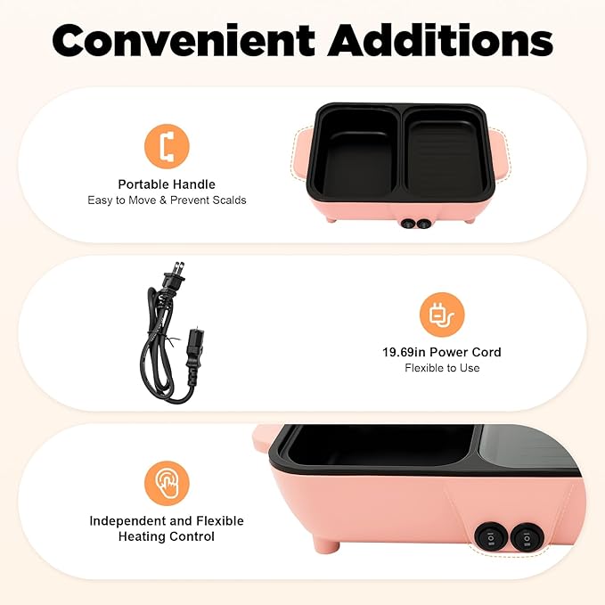 Mini Hot Pot Electric Grill, 2 in 1 Non-Stick Electric Pot Korean BBQ Grill, Indoor Smokeless Hotpot Pot Cooker, Separate Temperature Control (Pink)
