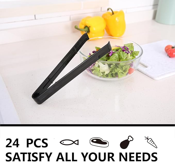 Plastic Serving Tongs 24 Pack, 9 Inch Black Disposable Kitchen Utensils, Food Safe Salad Tongs for Buffets BBQ (24, Black)