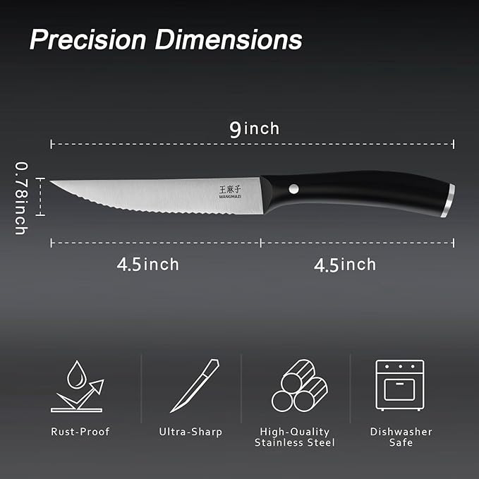 Exquisite Steak Knife Set of 4,High-carbon Stainless Steel Forged,Lightweight Sharp Steak Knives Set for Kitchen(4.5inch,Black)