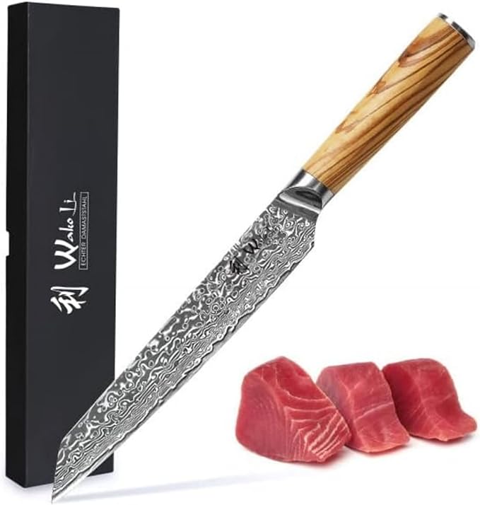 Wakoli Oribu Damascus Meat Knife – 8-Inch Full Tang Kitchen Knife | 67-Layer Professional Damascus Steel with AUS-10 Core | Olive Wood Handle for Enhanced Grip | Sharp & Long Lasting