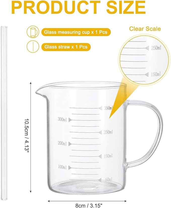 PATIKIL 350ml Glass Measuring Cup, Borosilicate Glass Beaker Graduated Liquid Measure Cups with Straw V-Shaped Spout for Kitchen Drinking Restaurant, White Printed Scale