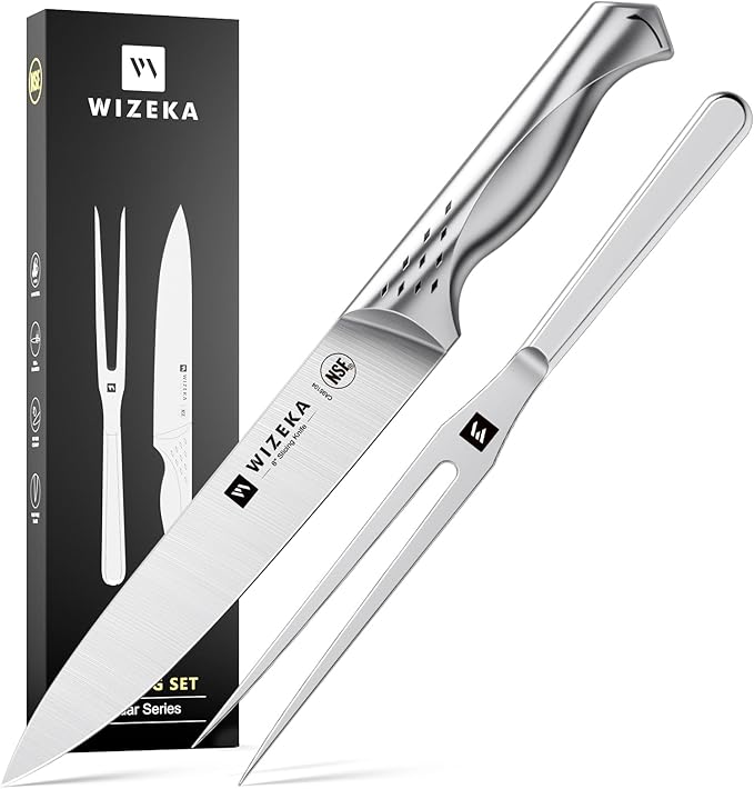 WIZEKA Turkey Carving Knife Set 2-Piece, 8-inch Carving Knife and Fork Set, Ultra-Sharp German Stainless Steel Kitchen Knife for Meat, BBQ, Carving Set with Gift Box, Jaguar Series