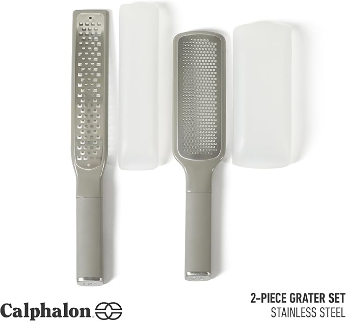 Calphalon Edge 2 Piece Stainless Steel Handheld Cheese Grater and Lemon Zester W/Covers & Rubber Handles - Taupe