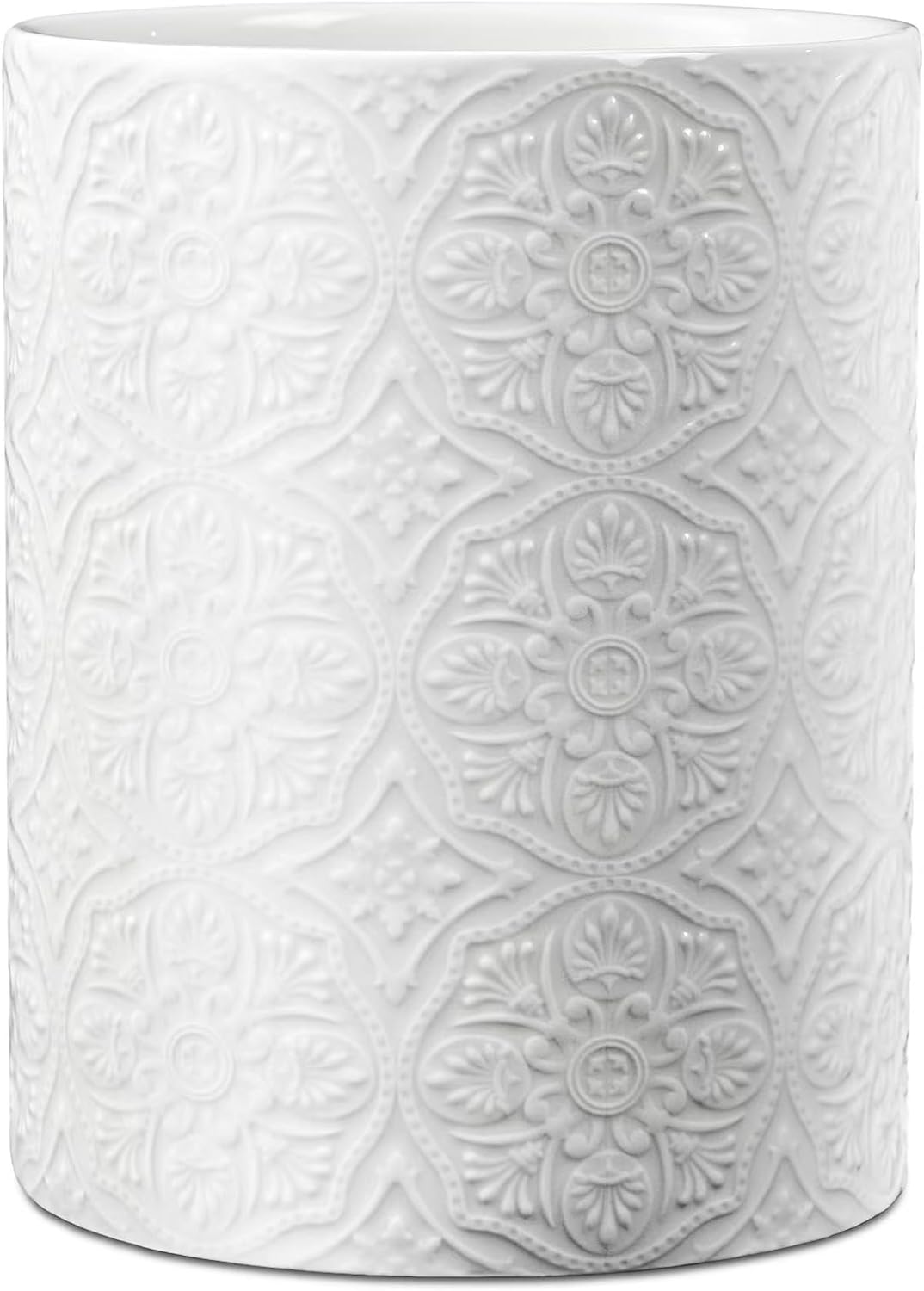 Ceramic Kitchen Utensil Holder for Countertop, Embossed Pattern Crock with Kiln-Fired Finish, Counter Organizer for Cooking Tools , White