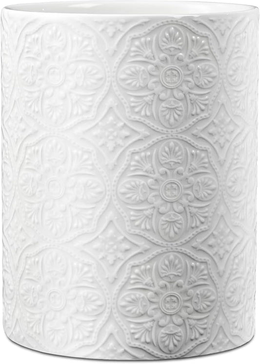 Ceramic Kitchen Utensil Holder for Countertop, Embossed Pattern Crock with Kiln-Fired Finish, Counter Organizer for Cooking Tools , White