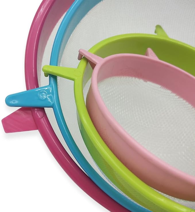 4Pcs Plastic Mesh Strainer Colander Set, Food Soy Milk Flour Sieve Long Handle Sieve Strainer Icing Sugar Sifters Fine Strainer Tea Filter
