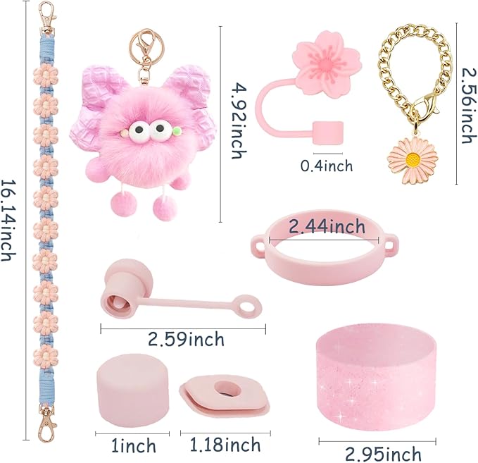 Stanley Cup Accessories Set for 40oz & 30oz Tumblers - Handle Strap, Spill-Proof Stopper, Silicone Straw Cover, Boot Base Protector, Keychain & Handle Charms(Pink)