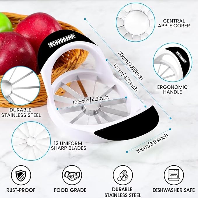 SCHVUBENR Large Apple Corer and Slicer - 4.72 Inch Apple Cutter Slicer with 12 Blades - Stainless Steel Apple Slicer - Sharp Apple Corer Tool - Anti-Slip Grip, Easy to Use & Dishwasher Safe - Black