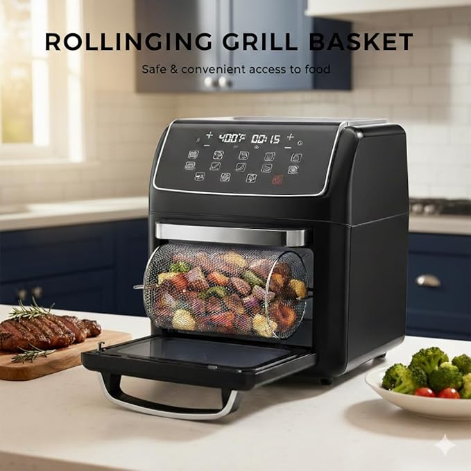 HealSmart 10-in-1 Air Fryer Oven, 12.6Qt Convection Oven with Visible Window, Rotisserie & Grill, Family-Size Airfryer with Visible Window for Healthy Cooking