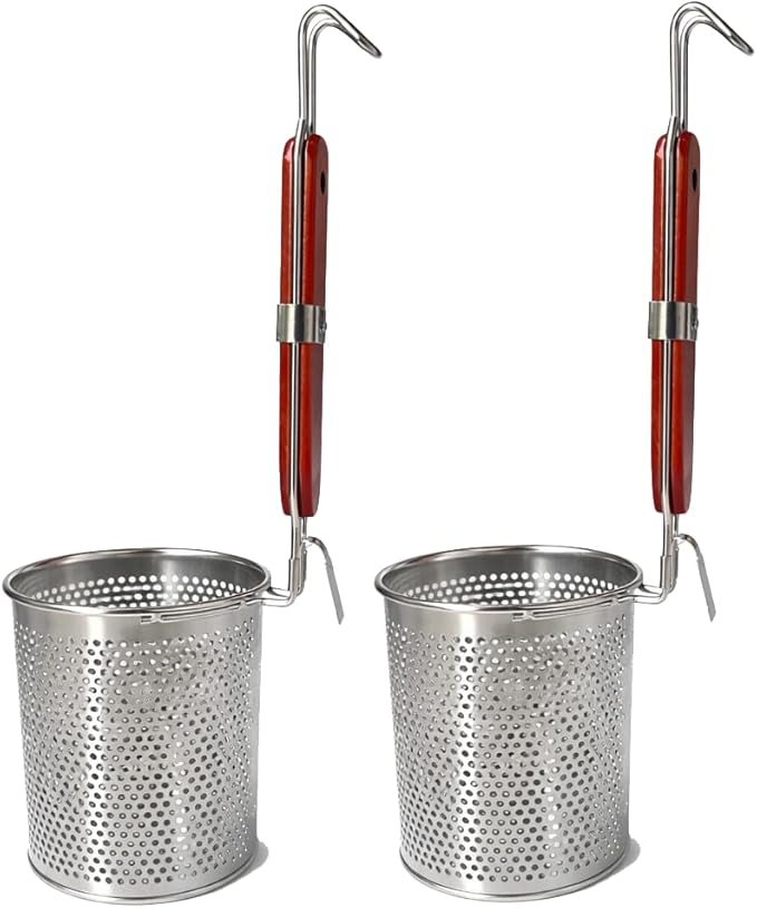 2 Pcs Stainless Steel Pasta Basket with Wood Handle Pasta Strainer Kitchen Mesh Spider Noodle Strainer Skimmer Food Dumpling Noodle Blanching Basket