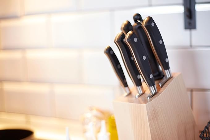 Arcos Forged Block Knife 6 piece Nitrum Stainless Steel. 4055 gr. Multi-use Cooking Knife for Cutting Meat and Vegetables. Ergonomic Polyoxymethylene POM Handle. Series Riviera. Color Black.