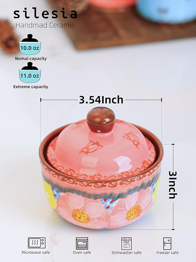 silesia Handmade Sugar Bowl with Lid and Spoon, 10 Ounce Ceramic Hand-Painted Sugar Jar for Kitchen in Gift Box, Kitchen Decor, Oven, Dishwasher & Microwave Safe, Glazed Pink
