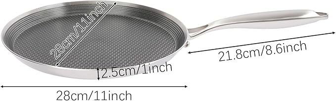 Stainless Steel Crepe Pan 11-inch, Honeycomb Nonstick Pancake Pan with Extended Handle, Multi-Layer Fast Heating Cooking Pan for Gas/Induction Stoves