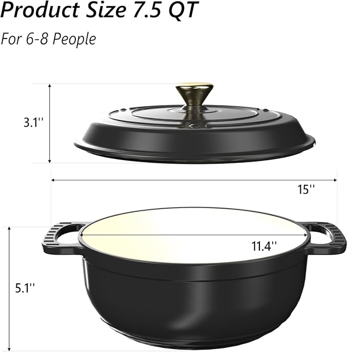VINGLI 7.5QT Enameled Cast Iron Round Dutch Oven Pot with Lid, NonStick Casserole Pot with Dual Handles & Silicone GlovesRed, Oven Safe up to 500°F or on Stovetop, Dutch Oven for Bread Baking, Black