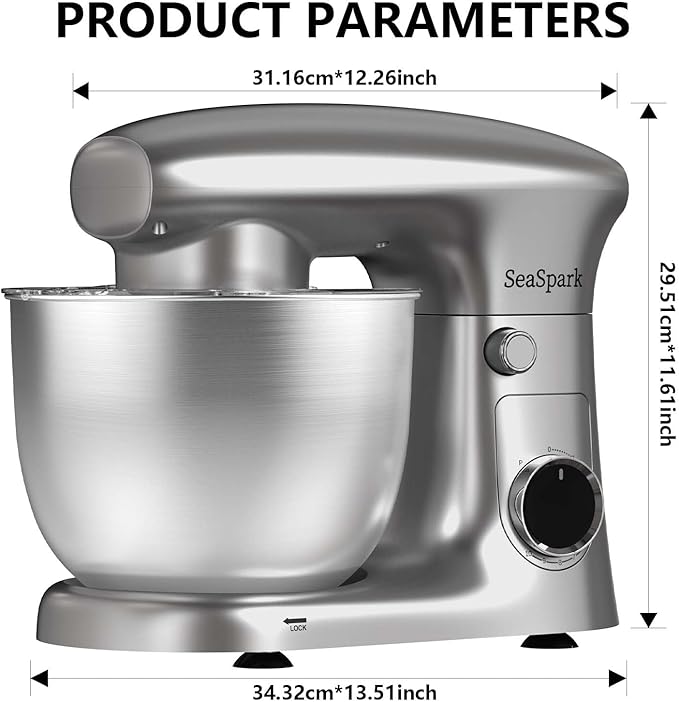 SeaSpark Stand Mixer, 3 in 1 Stand Mixer, 5.5Qt Electric Mixer, Mixer with Stainless Dough Hook, Wire Whip & Beater, Food Mixer for Baking, Cake and Most Home Cooks, Silver