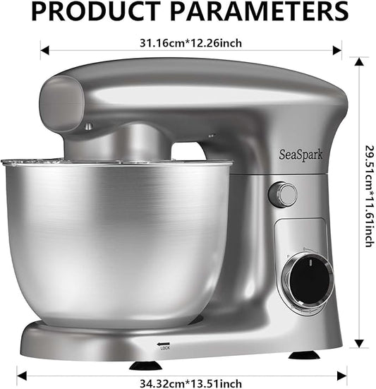 SeaSpark Stand Mixer, 3 in 1 Stand Mixer, 5.5Qt Electric Mixer, Mixer with Stainless Dough Hook, Wire Whip & Beater, Food Mixer for Baking, Cake and Most Home Cooks, Silver
