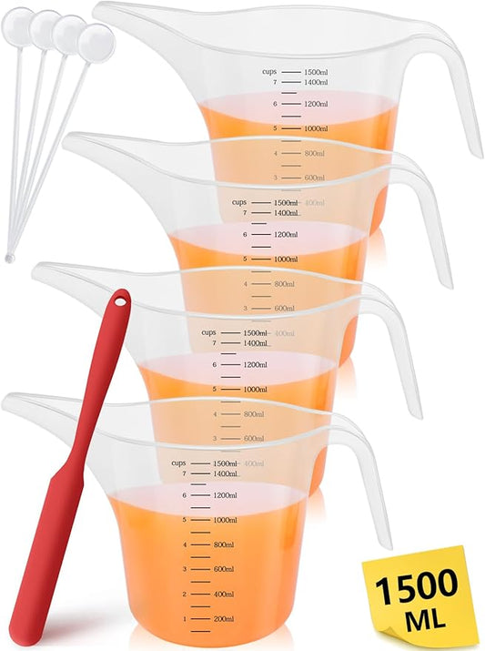 4 Pack 1500ml/50oz Long Spout Funnel Pitcher with Stirring Rods – Measuring Cups for Resin, Paint, Epoxy, Crafts, Soap Making, Durable and Easy to Pour, Great for Mixing, Measuring, Transfer Tasks
