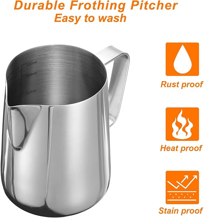 uxcell Milk Frothing Pitcher, 12oz / 350ml Stainless Steel Milk Frother Cup with Scale for Milk Steaming Pitcher Latte Art Cappuccino Coffee Espresso Accessories Tool, Silver Tone