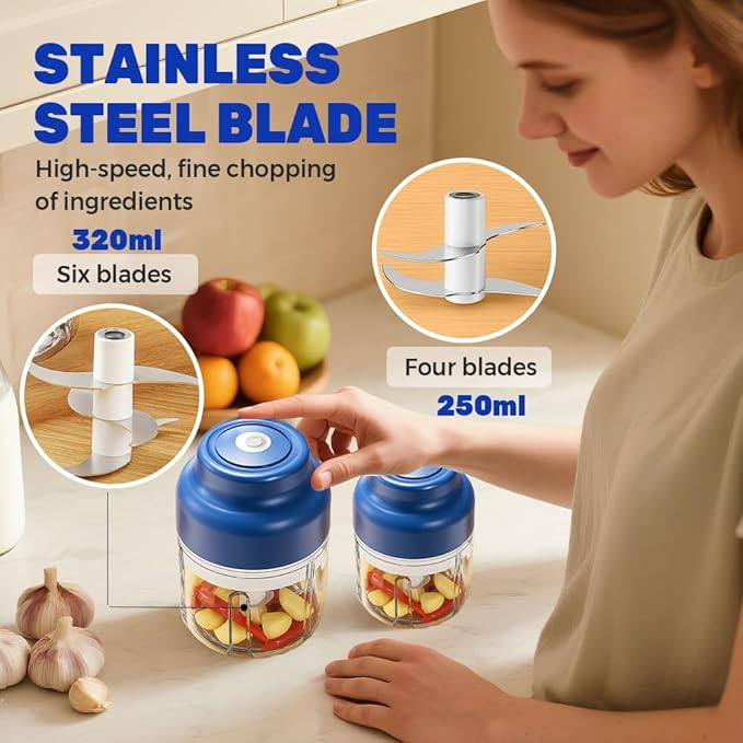 Electric Garlic Chopper with USB Rechargeable Design, Portable Food Processor for Garlic, Onion, Chili, Nuts, Vegetables, One-Touch Mini Kitchen Helper (Blue, 250ml)