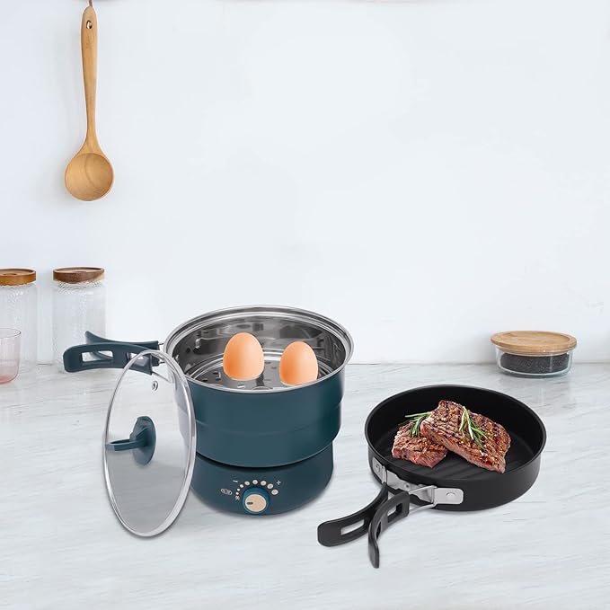 Portable Electric Hot Pot 500W 1.6L with Foldable Handles Non-stick Frying Pan Mini Hot Pot Multi-Functional Ramen Noodle Cooker with Power Adjustment for Noodles Steak Cooker Eggs StirFrying (Green)