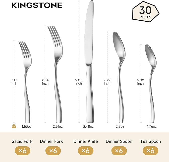 KINGSTONE Silverware Set for 6, 30-Piece Stainless Steel Matte Finish Flatware Set with Forks, Knives, Spoons, Dishwasher Safe Cutlery Set for Home, Wedding, Rust-proof