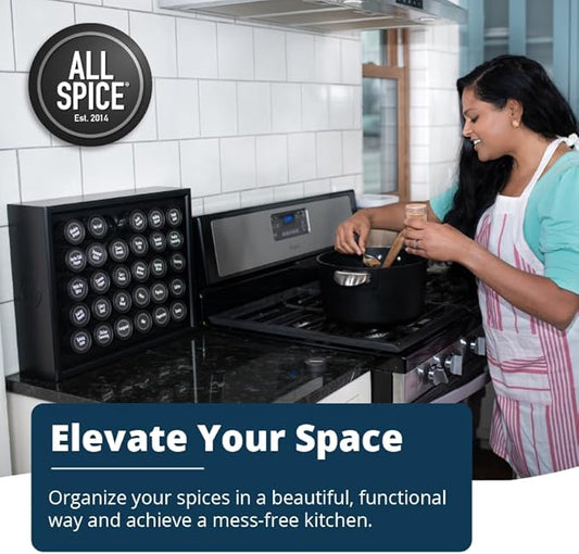 AllSpice Spice Rack Organizer, Wood, 525 Unique Labels, Countertop or Wall Mount, Includes 30 4oz Jars- Matte Black