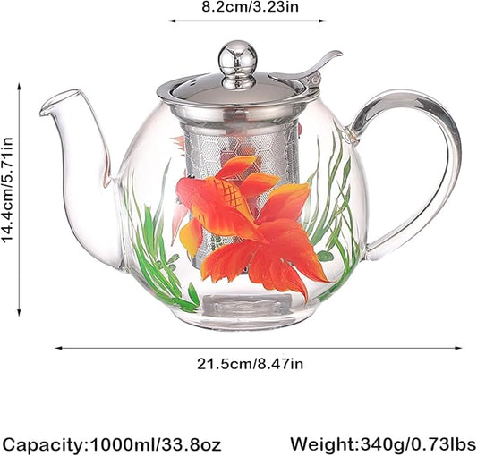 1000ml/35oz Hand Painted Pattern Glass Teapot For Stovetop,Tea Pot For Loose Tea,Glass Tea Kettle With Infuser (GoldFish)