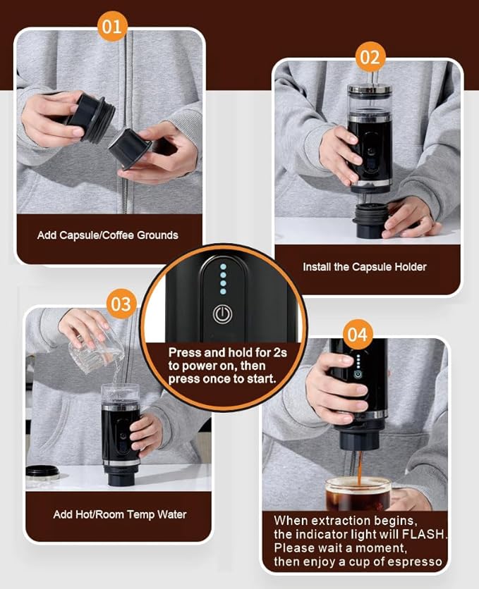 Caalio Portable Espresso Maker with Heating & Milk Frothing Cup, Coffee Maker, 3-in-1 Compatible with Ground Coffee and Dual Capsule Formats,Type-C Rechargeable Battery, Leak-Proof & Durable Design