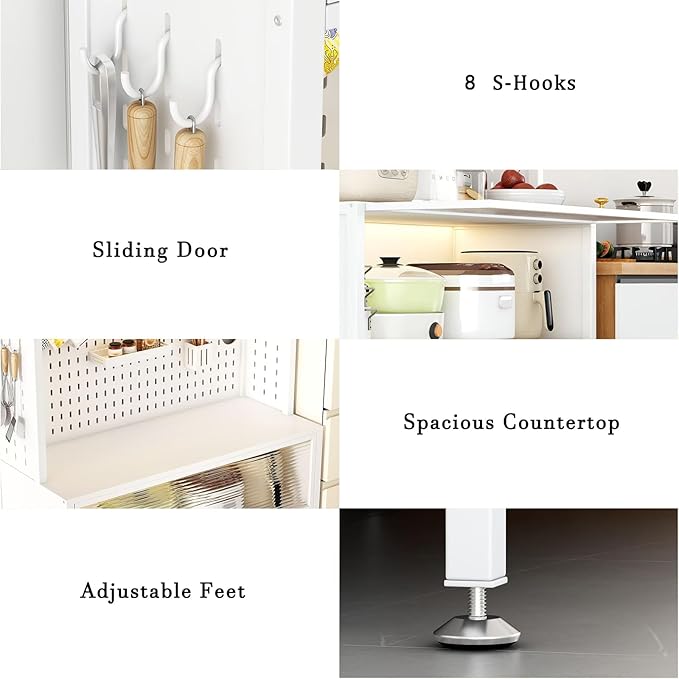 Large Kitchen Bakers Rack, 5-Tier Corner Microwave Stand with Storage, Coffee Bar with 6 S-Shaped Hooks, Open Kitchen Storage Shelves for Spices, Pots and Pans, White