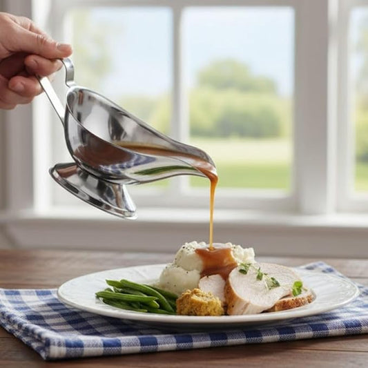 Soro Essentials- 8 oz. Stainless Steel Gravy Sauce Boat Gadroon Base with Loop Handle Set of 2- Restaurant Gravy Boat Dripless Lip Spout Serving Dish Gravy Bowl for Sauces Gravy Salad Dressings Milk