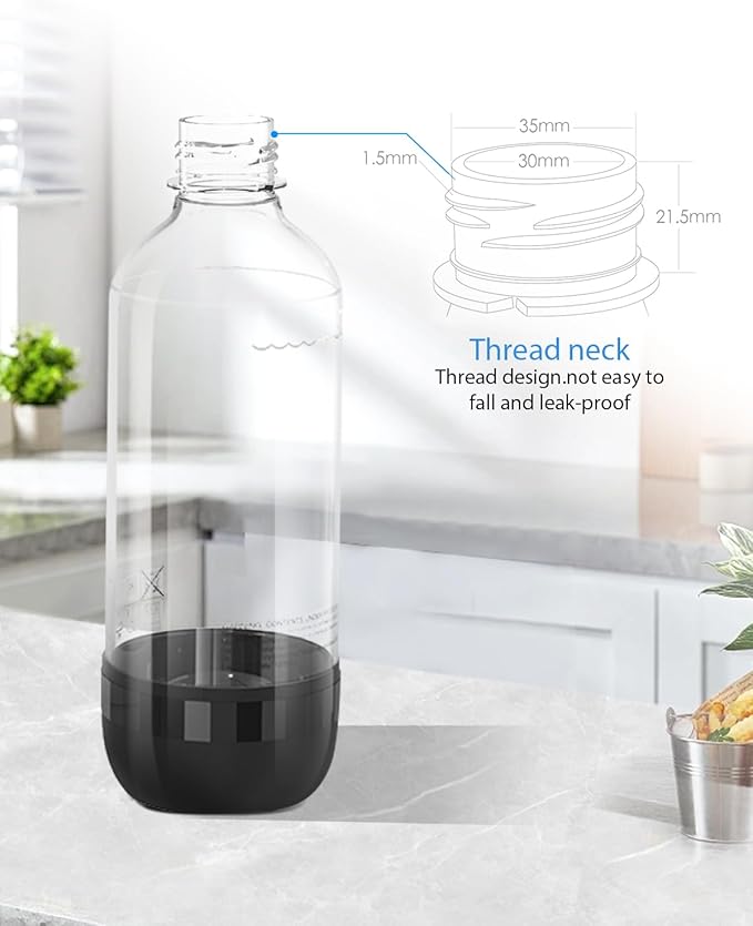 Soda Maker Bottles, BPA-Free Reusable Soda Bottles (2-Pack), 1L Leakproof Carbonated Water Bottles with Secure Seal, Compatible with Most Soda Makers Black