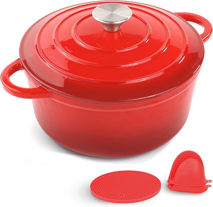 CookNexa 6 Quart Enameled Cast Iron Dutch Oven Pot with Lid and Silicone Accessories, Oven Safe up to 500°F or on Stovetop, Non-stick Dutch Oven for Bread Baking, Cooking, Dual Handles Cookware, Red
