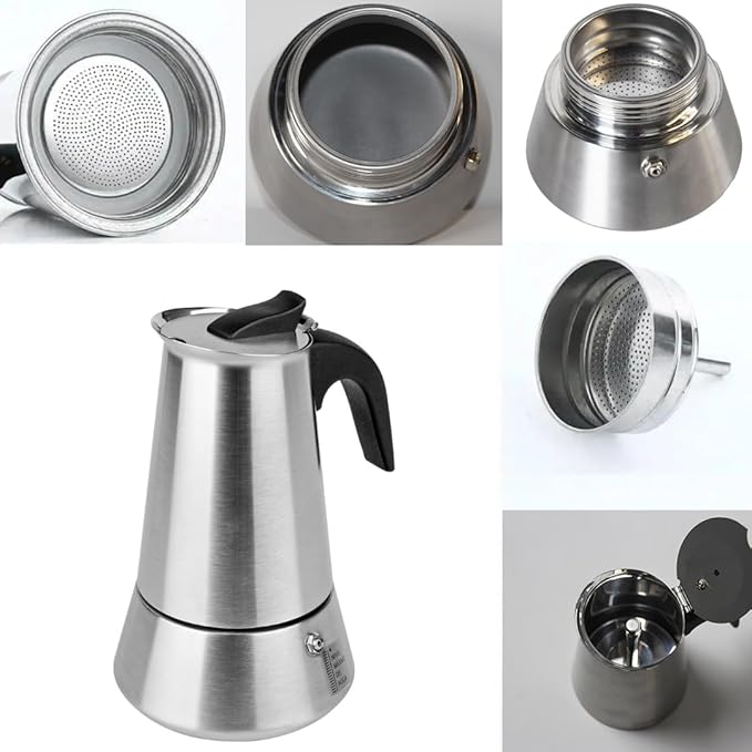 Solazzia 6 Cup Stovetop Espresso Maker Matte Stainless Steel Moka Pot Italian and Cuban Mocha Coffee Maker, Compatible with Gas, Electric, Ceramic, and Induction stovetops(10 fl oz/300 ml)