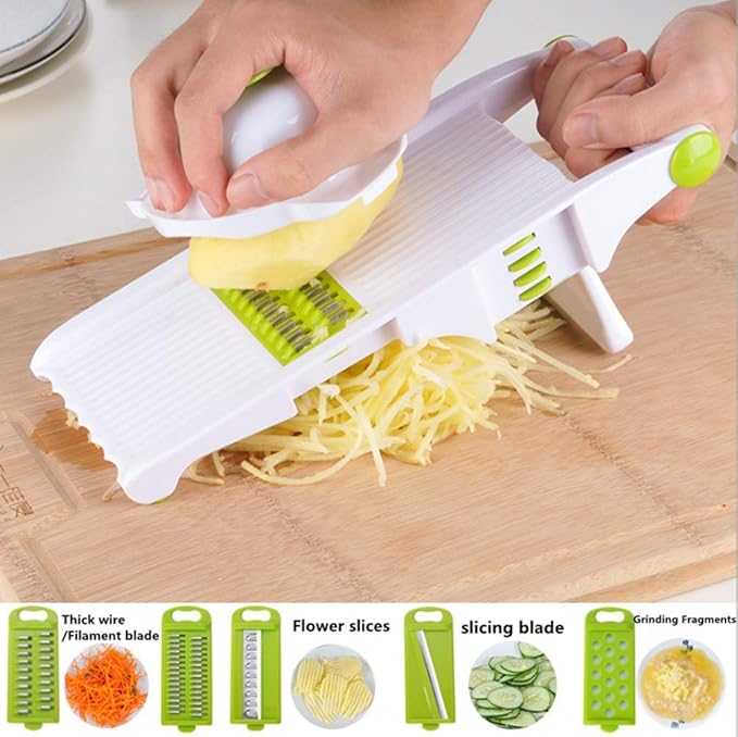 Mandoline slicer,mini food processor, Potato cutter shred and spiral cutter 5 stainless steel blade vegetable peeler slicer for fruit tomato onion (green)