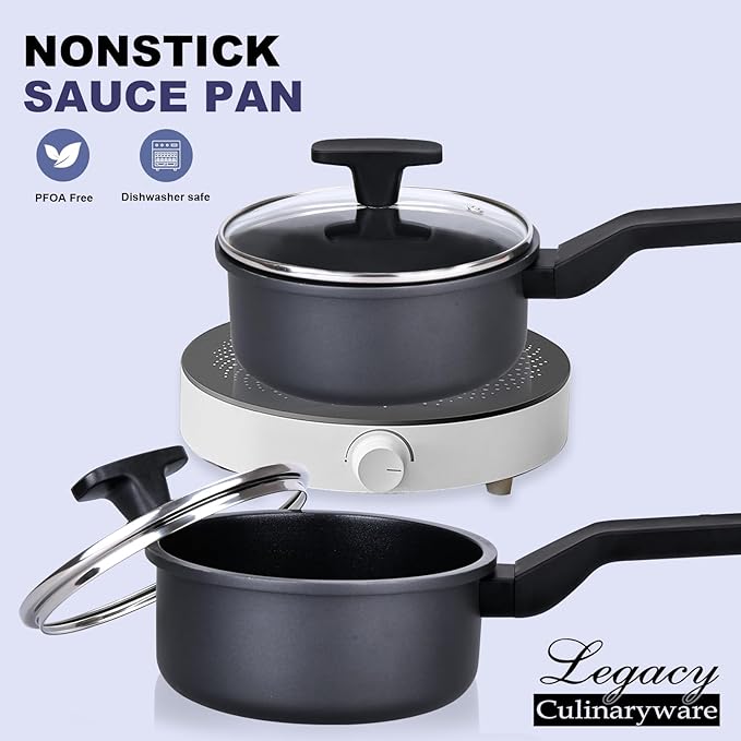 Legacy Culinaryware Nonstick Sauce Pan with Lid,1.5Qt & 2Qt Set, PFOA Free,Kitchen Pots Induction Pot,Black