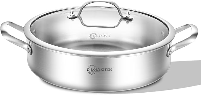 LOLYKITCH 5 QT Tri-Ply Stainless Steel Sauté Pan with Lid,12 Inch Deep Frying pan,Large Skillet,Jumbo Cooker,Induction Pot,Dishwasher and Oven Safe.