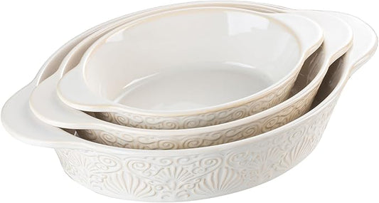 Dafuceramic Casserole Dishes for Oven Sets of 3, Ceramic Oval Baking Dish, Au Gratin Baking Pans with Handles for Roasting, Lasagna, Pie, Baking Meat & Vegetables (Beige White)