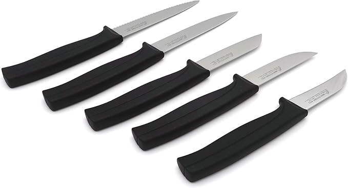 Kitchen Utility Knife - MATTSTONE HILL 4 Inch Serrated Paring Knife, Vegetable Knife, Slim Blade, Premium Stainless Steel, Semi Soft Handle, Black
