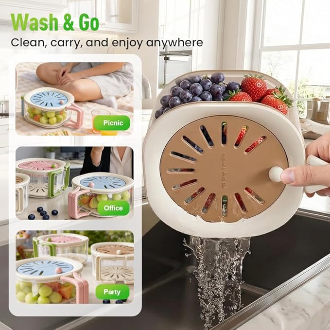 2-in-1 Draining and Preservation Basket,Multifunctional Fruit and Vegetable Washing Bowl with Handle Fruit Strainer Container and Lid for Kitchen Fridge Outdoor Picnic Camping (Pink)